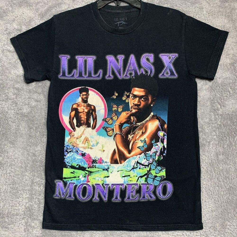 Lil Nas X Graphic‎ T-Shirt Mens Small Black Montero Tour Merch Butterfly Rap Tee